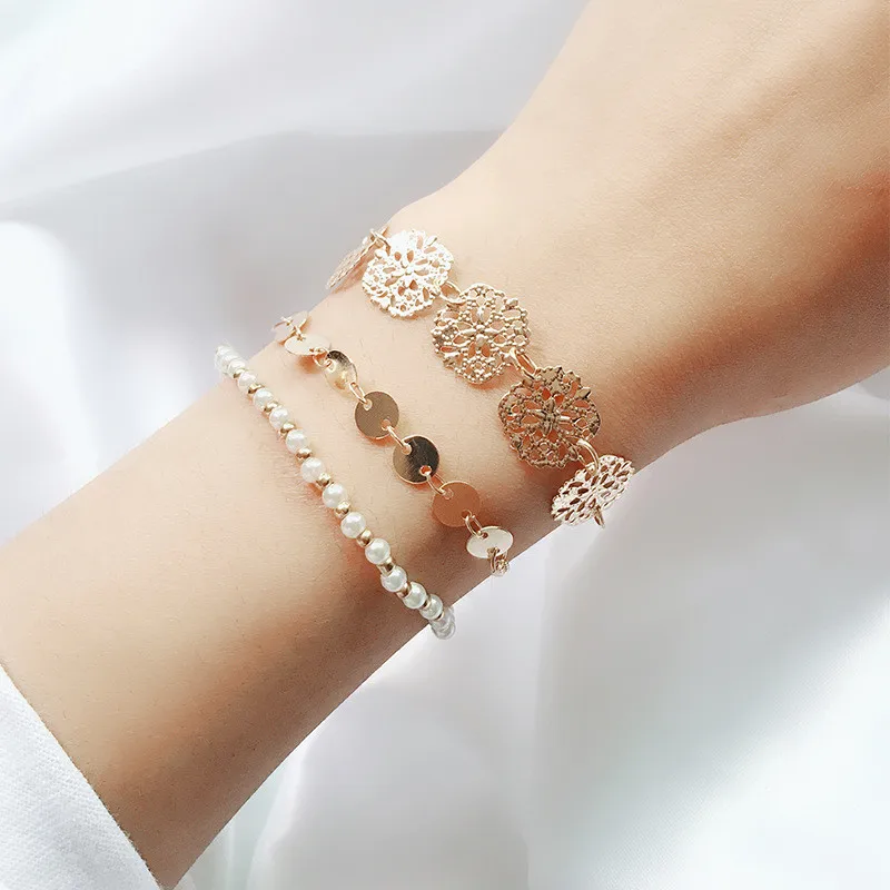 ZORCVENS 3 шт./компл. браслеты из искусственного жемчуга и Браслеты Регулируемый золотой цвет цепи цветок браслет набор для женщин