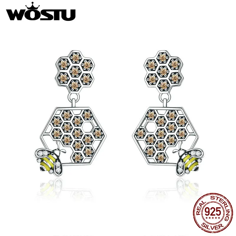 

WOSTU 2019 New 100% 925 Sterling Silver Bee & Honeycomb Drop Earrings For Women Brand Silver Jewelry Gift CQE315
