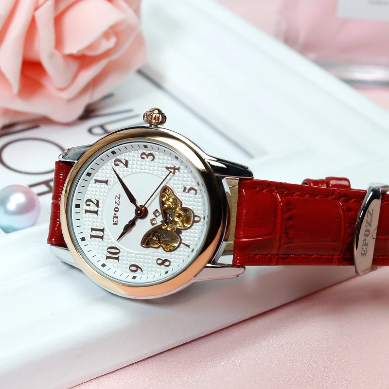 Epozz бабочка автоматические часы механические Женские часы кожаный ремешок женские повседневные красные женские часы relogios feminin