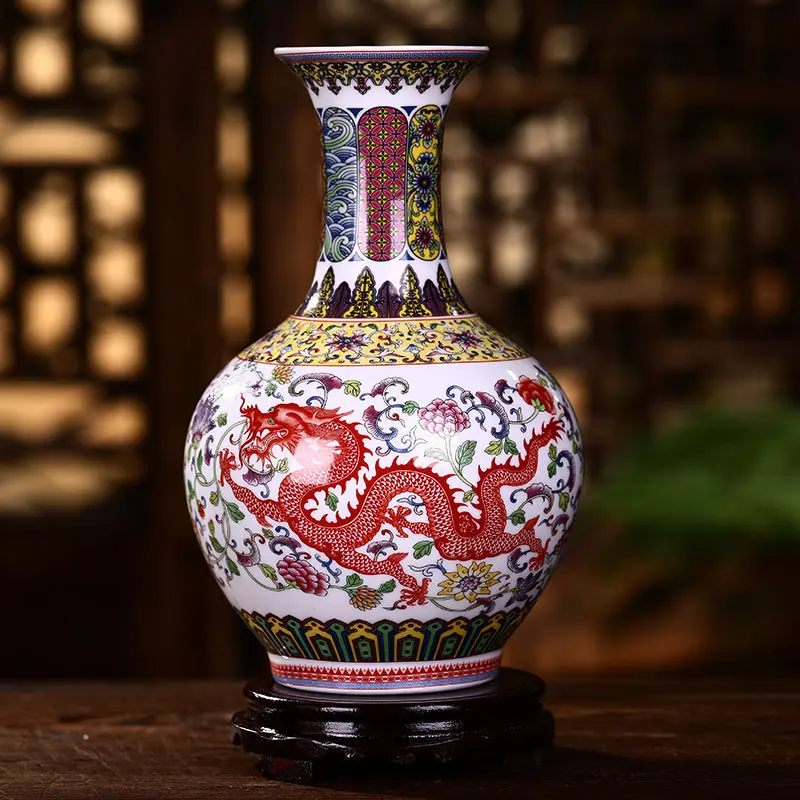 

Prosperity brought by the dragon and the Phoenix Vase Jingdezhen ceramic small vase decoration pastel porcelain vase