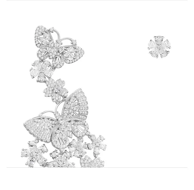 Monaco Brand Crystal Butterfly flower asymmetric Earring Luxury 925 sterling silver long tassel Zircons earrings jewelry Monaco Brand Crystal Butterfly flower asymmetric Earring Luxury 925 sterling silver long tassel Zircons earrings jewelry