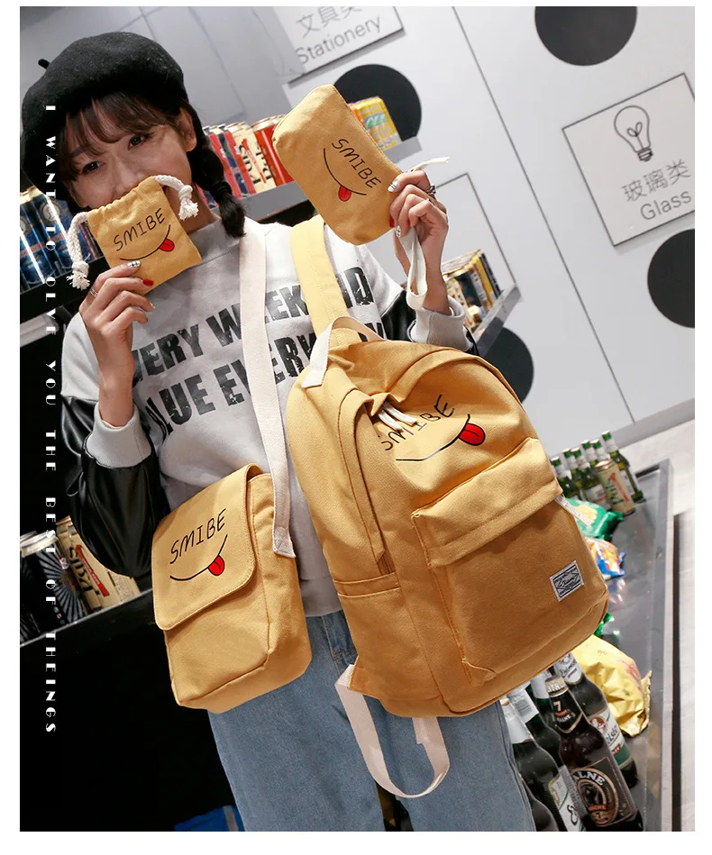 Для женщин Холст Рюкзак портфели для подростков обувь для девочек печати детей рюкзаки 4 шт./компл. рюкзак для книг милая сумка