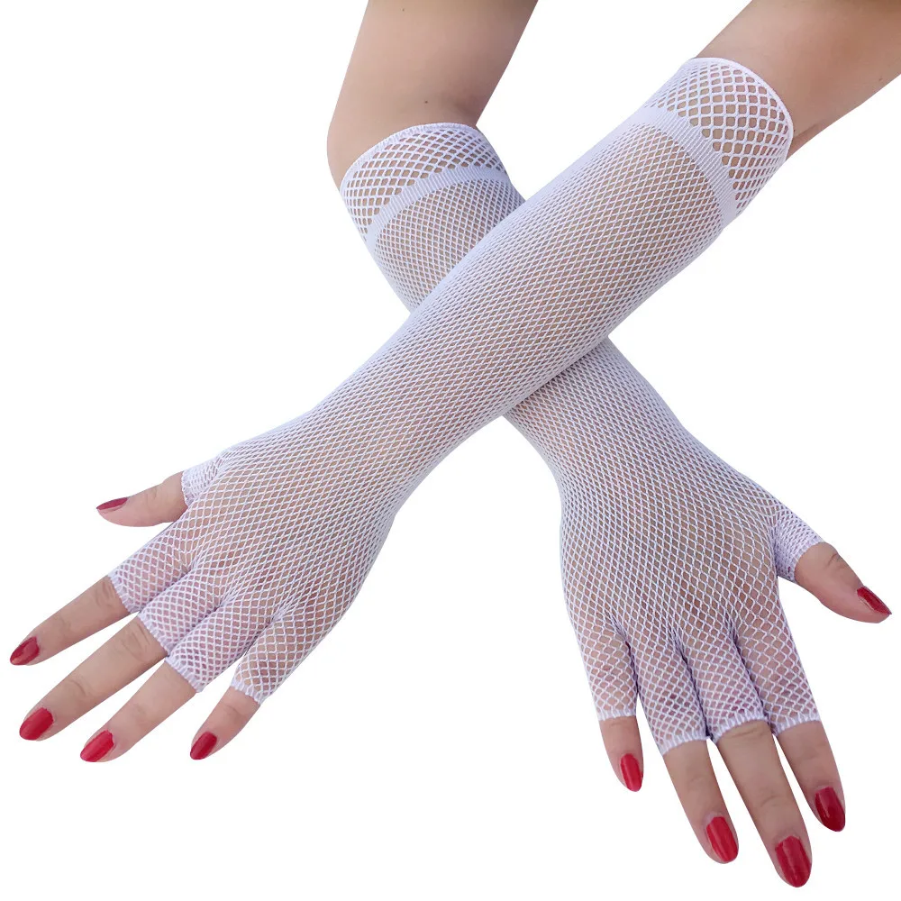Модные и сексуальные женские сетчатые перчатки с полупальцами, элегантные длинные нейлоновые черные и белые вечерние перчатки для ночного клуба Guantes Mujer