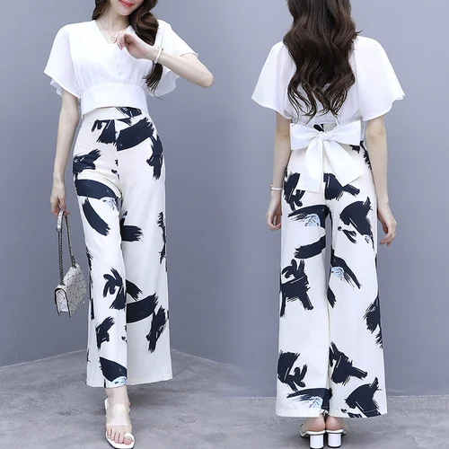 Zomer Vrouw Tweedelige Batwing Mouw Afdrukken Wijde Pijpen Broek Chiffon Terug Boog Kantoor Dame 2 Stuks Set Modieuze Womens outfits Zomer Vrouw Tweedelige Batwing Mouw Afdrukken Wijde Pijpen Broek Chiffon Terug Boog Kantoor Dame 2 Stuks Set Modieuze Womens outfits