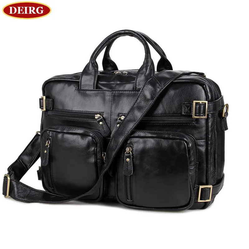 Multifunctional Genuine Leather Cowhide Men Briefcase Could Use As Back Pack Weekend Trip Bag Fit 15