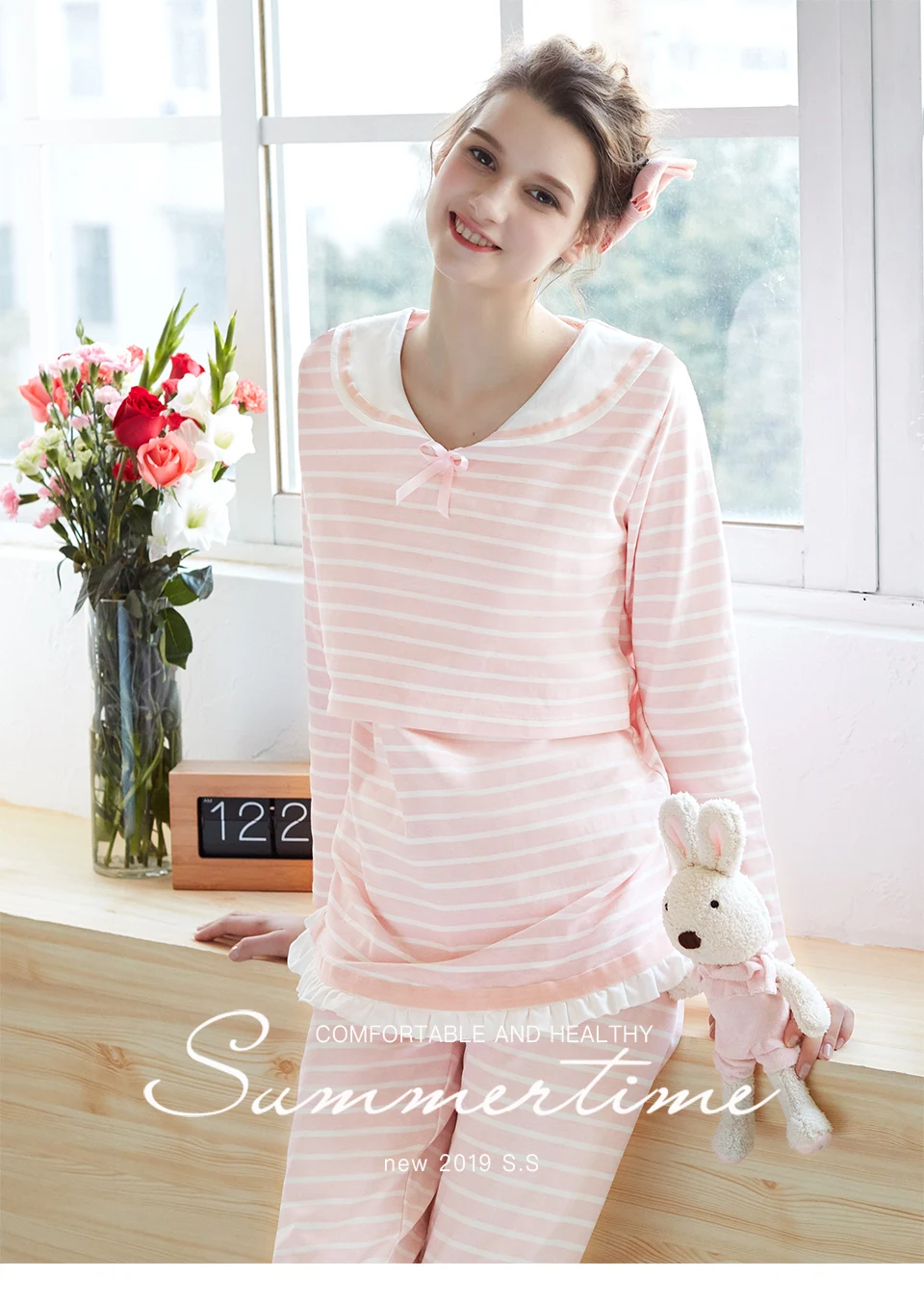 YATEMAO Пижама для беременных, пижама для кормящих мам, Одежда для беременных, одежда для сна с длинными рукавами, хлопковая одежда розового цвета