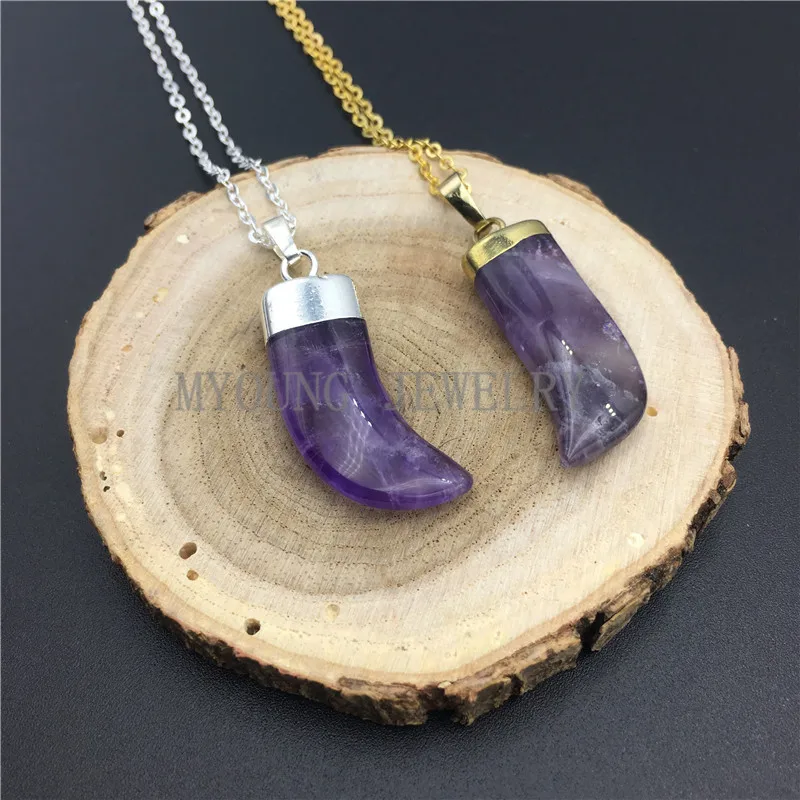MY0848 Purple Quartz Horn Tusk Amethysts Pendant Necklace with Pure Gold or Silver Color Cap And Chain (2)
