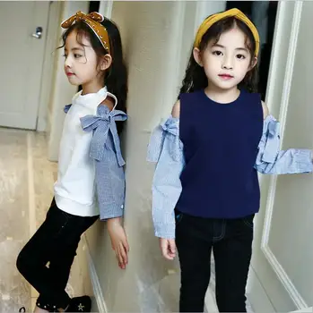 

2019 Korean style girls bow off shoulder t-shirt full sleeve cotton fashion spring girls top 6-11t A579