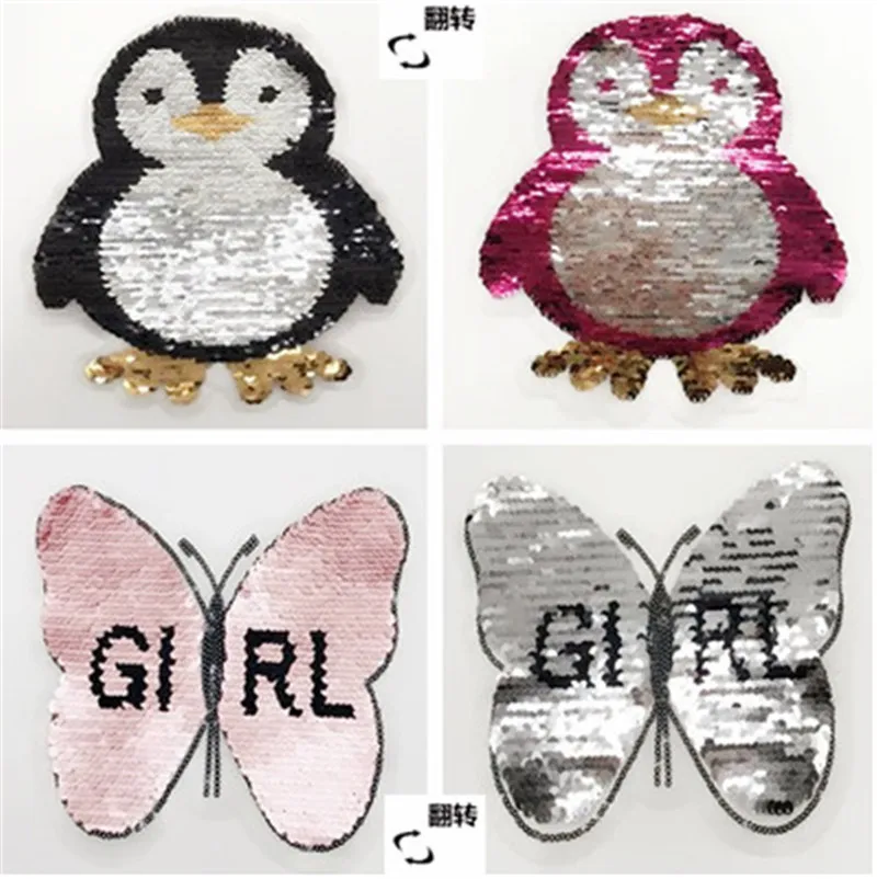 

Penguin and butterfly Reversible Change color Sequins Sew On Patches for clothes DIY Patch Applique Bag Clothing Coat Crafts