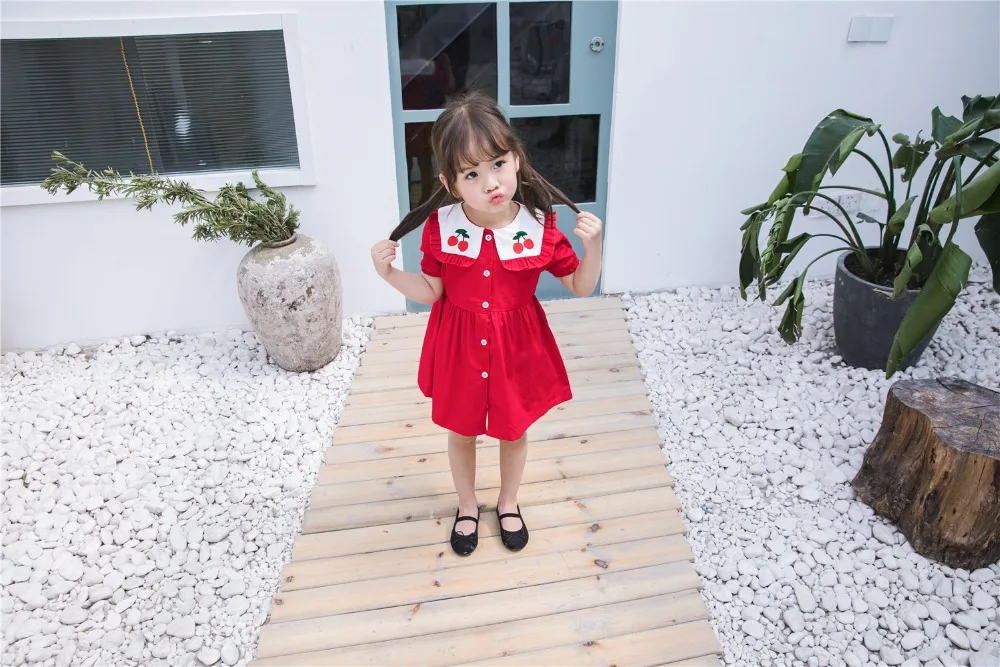 2019 Crianças Roupas Meninas Coreanas Vestido Navy Vento Lapela Vestido Cereja
