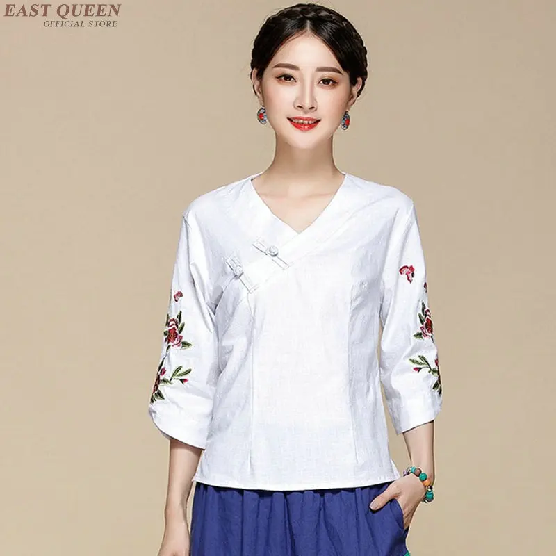 Традиционная китайская белая блузка рубашка Топы для женщин Мандарин Воротник Восточный льняная рубашка блузка Женская cheongsam Топ AA3993