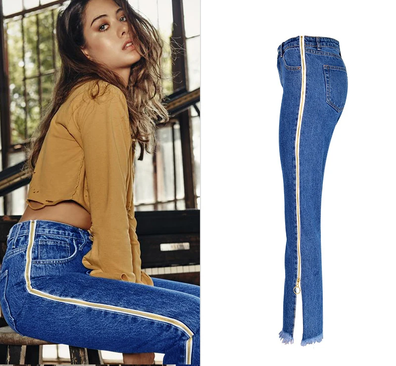 Europe and the United States women's high waist loose straight jeans nine pants bilateral zipper adjustment tassel tassels up to people section (5)