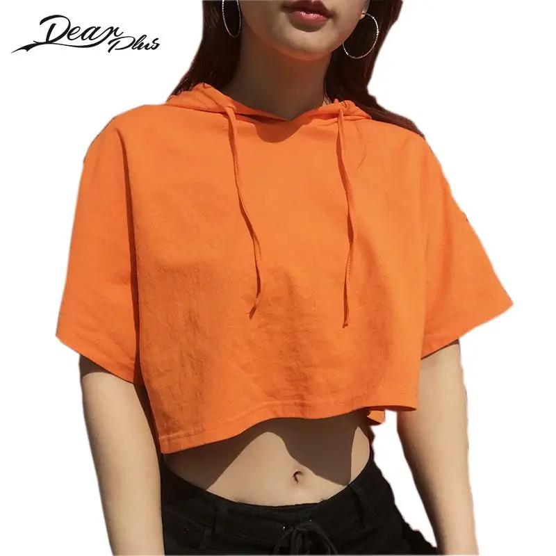 Women Spring Hooded Short Sleeve Hoodies Sexy Navel Bare