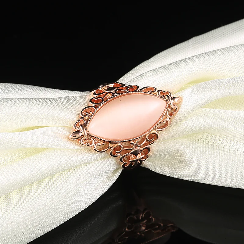 SHUANGR Charm Pink Opal Crystal Jewelry Promise Engagement Rings For Women Rose Gold Color Hollow Pattern Wedding Ring