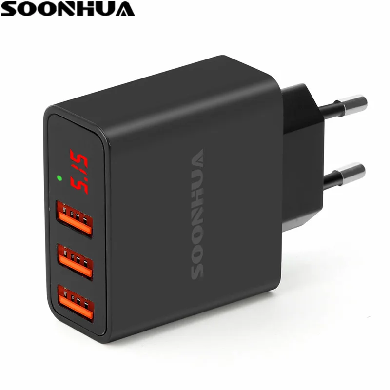 

SOONHUA LED Display 3 USB Charger Universal Mobile Phone Charger 5V/3.4A Fast Charging Wall Charger For iPhone Samsung Xiaomi
