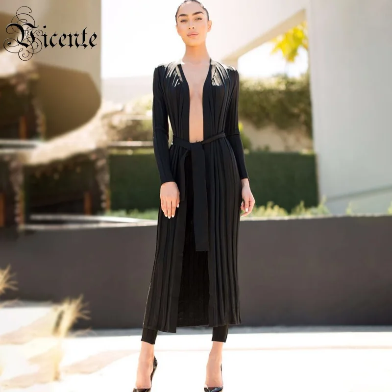 

Clearance! Vicente 2019 New Chic Elegant Striped Lace-up Long Sleeves V Neck Celebrity Party Bandage outwear