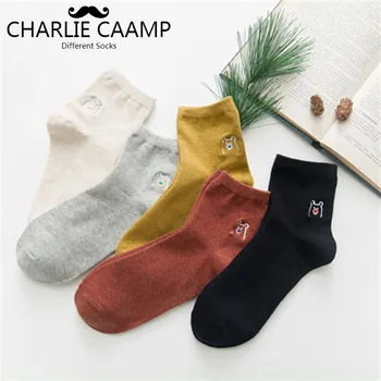 

5Pieces/lot Women Socks Autumn Winter New Cotton Animal Embroidery Cartoon Bear Head Ladies Personality Trend Casual Socks S237