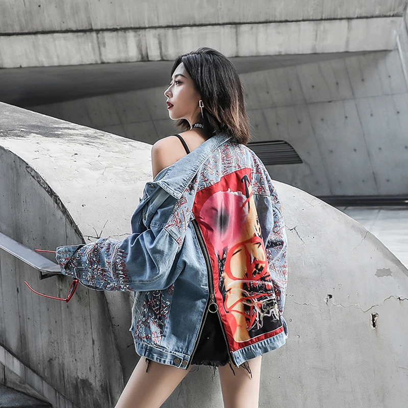

Street cowboy coats women punk Graffiti personality denim jacket coat female spring jacket jean outwear Hip pop overcoat femme