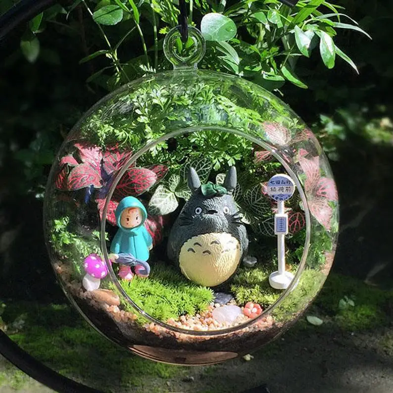 Set of 6 Girl and Big Totoro Waiting Bus, Bus Stop Board / Mushroom Fairy Garden Ghibli DIY Terrarium Accessories