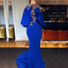 Nowe niebieskie suknie wieczorowe w stylu królewskim z kurtką ręcznie frezowanie syrenka formalne sukienki na przyjęcie wieczorowe długie Vesitdos
