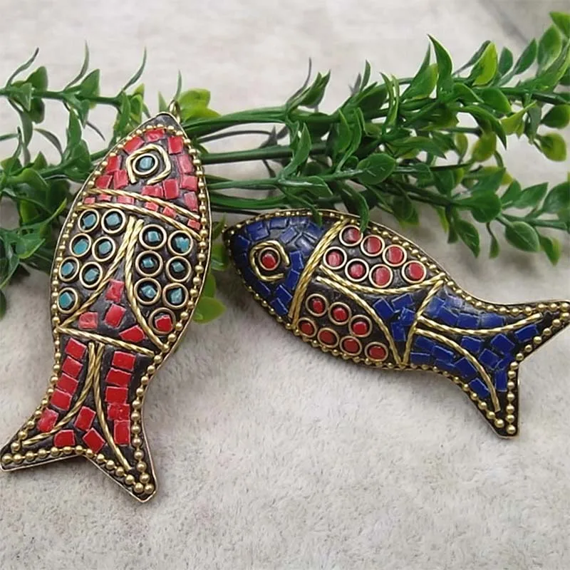 Ethnic Nepal Craft Metal Fish Charms 60x25mm Copper Handmade Necklace