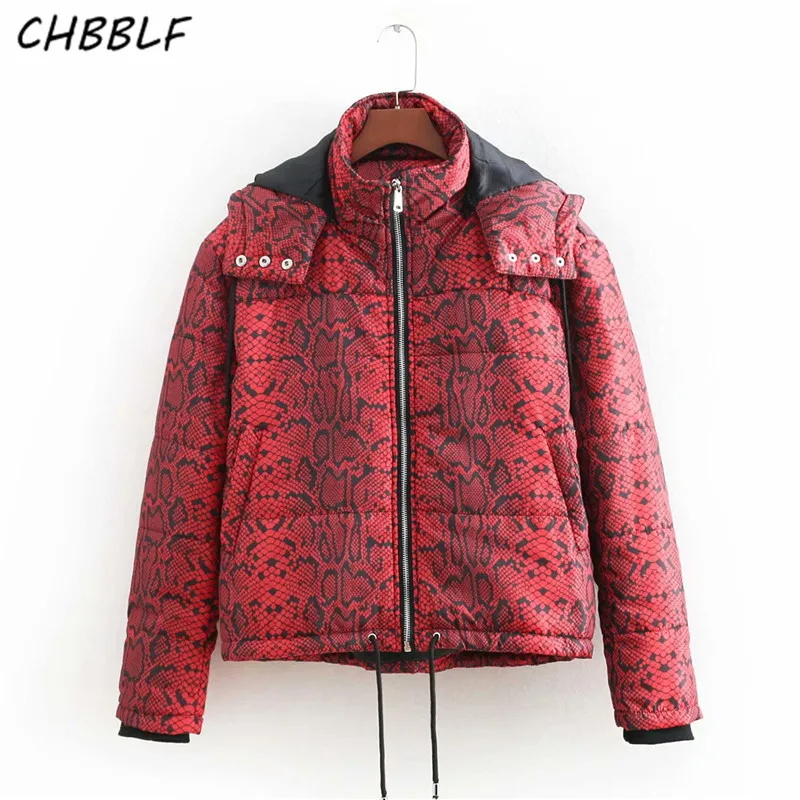 CHBBLF, Женская свободная парка со змеиным принтом, с капюшоном, толстая, теплая, с животным узором, пальто на шнурке, негабаритное пальто, BGB8611 - Цвет: Красный