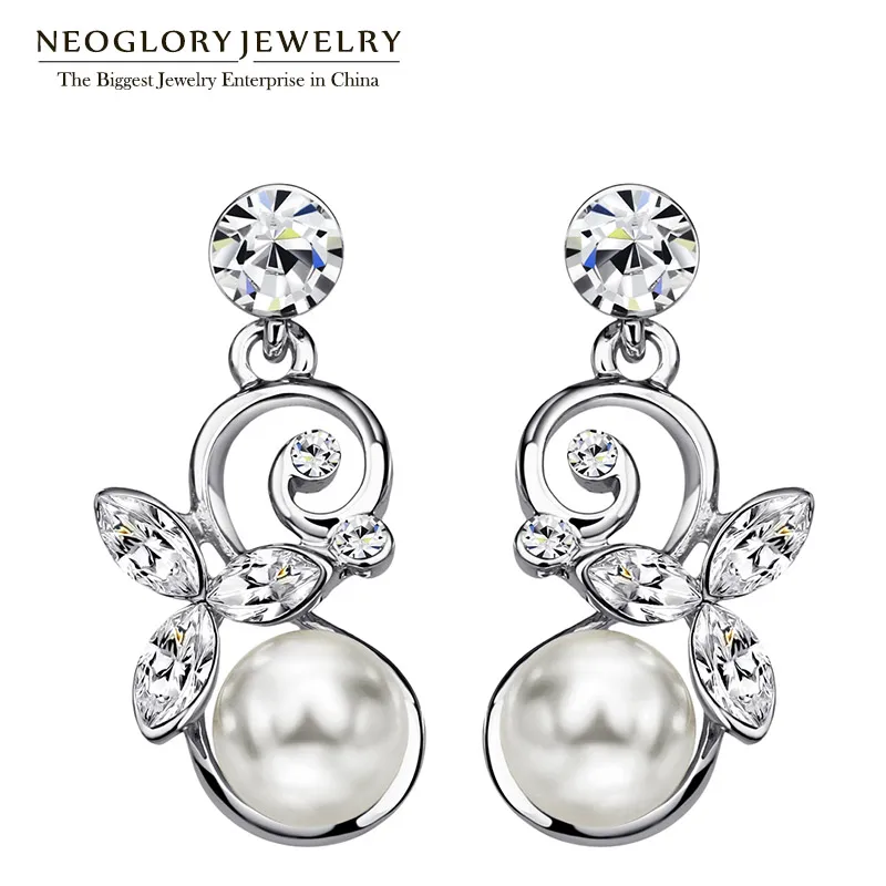

Neoglory Two Colors Austria Crystal Light Yellow Gold Color Simulated Pearl Drop Earrings for Women 2018 New Fashion Pea-1 P1