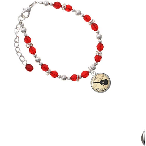 Silvertone Domed Music - Guitar Red Beaded Bracelet