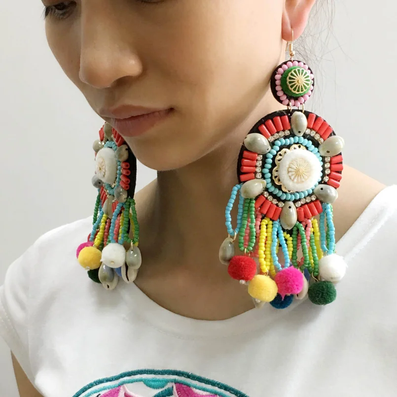 MANILAI Multicolor Pom Pom Beaded Tassel Earrings Boho Jewelry Ethnic Statement Dangle Drop Earrings With Shell Big Pendientes