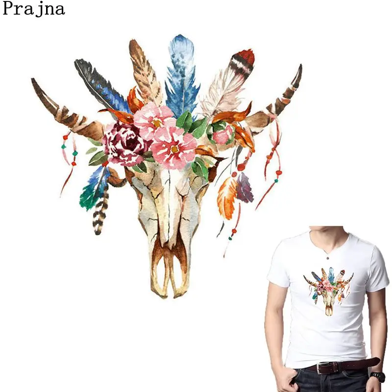 

Prajna Rock Feather Cattle Patch Iron On Clothes DIY Heat Transfer OX Stickers On T-shirts Fashion Man Motorcycle Coat Accessory