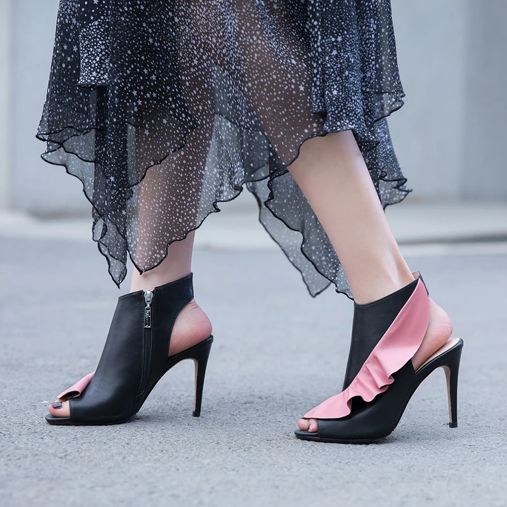 

LAPOLAKA new top quality genuine leather sheepskin ruffles sandals women Shoes Woman thin high Heels Woman shoes pumps