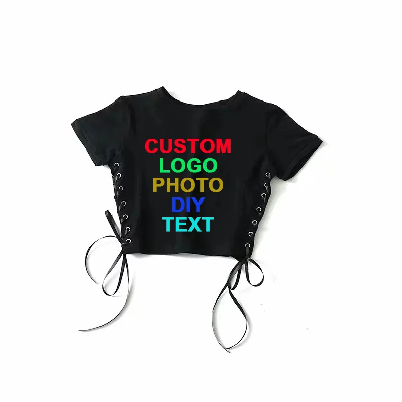 

High quality sexy Night Club Women Summer Cropped top T-shirt Custom logo photo text printed DIY hip hop Bow Bandage girl shirts