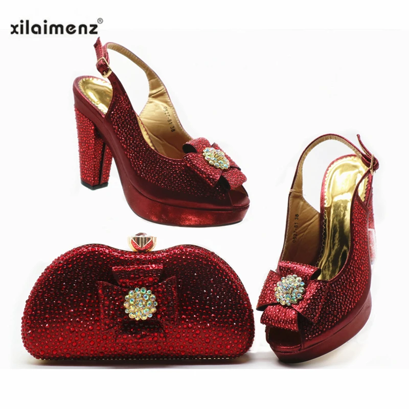 

2019 New Style Nigerian Ladies Matching Shoe and Bag Material with Pu Italian Shoes and Bags Set for Party in Red Color