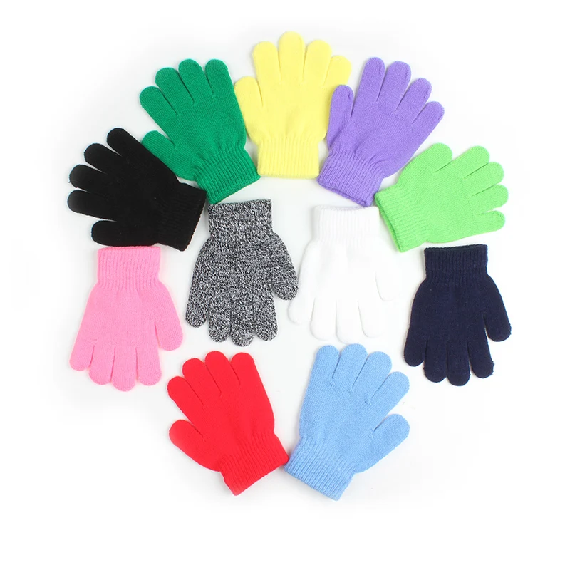 Детские осенне-зимние одноцветные трикотажные стрейч-варежки с принтом для маленьких мальчиков и девочек, теплые перчатки с полными пальцами для детей