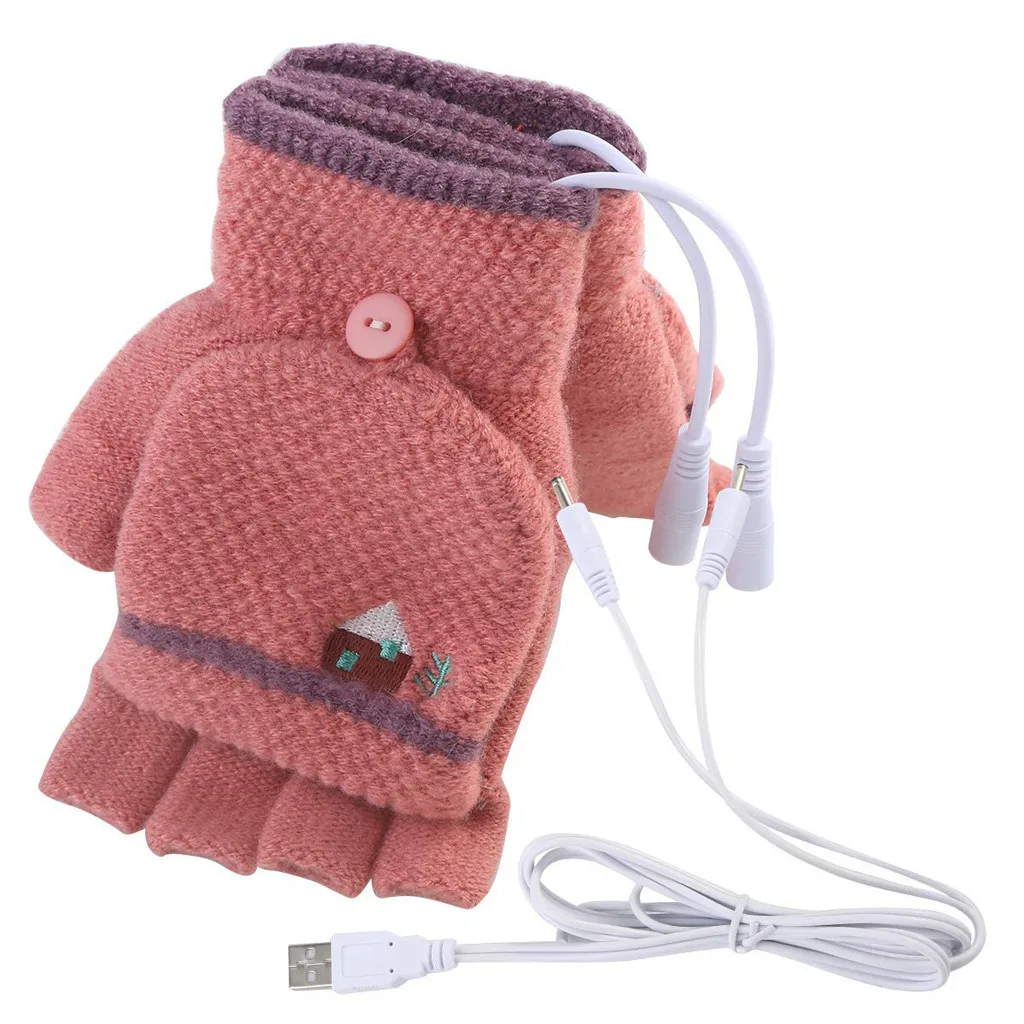 Горячая Распродажа, женские и мужские прочные рукавицы с подогревом и разъемом USB, зимние теплые вязаные перчатки на полпальца,, Прямая поставка#4