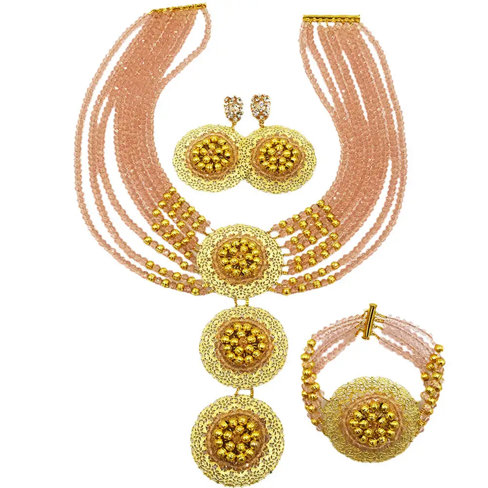 

Fashion Peach Crystal African Beads Jewelry Set Nigerian Wedding Necklace Set for Women 8C-3PH014