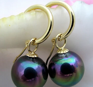 

hj 00514 16mm round black shell pearl dangle earring