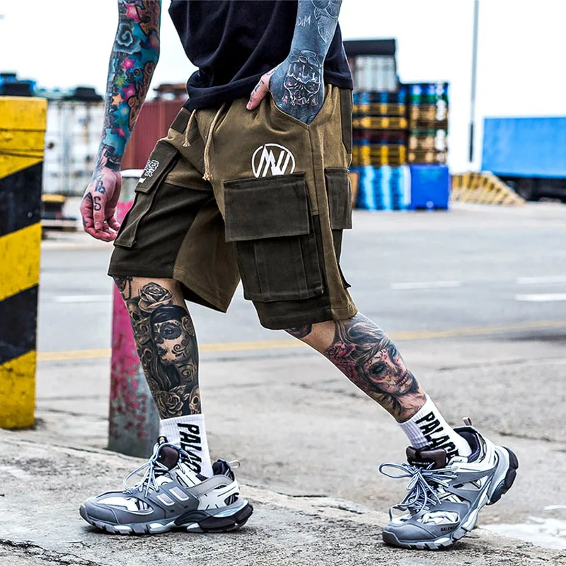 April MOMO карго шорты карман Kanji уличная Мужская хип-хоп Короткие джоггеры цветные блок повседневные спортивные шорты милитари Hombre