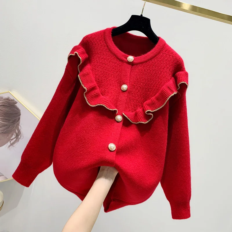 

ruffles women sweaters and cardigan winter new solid new year pearl thicken warm lady outwear loose coat tops