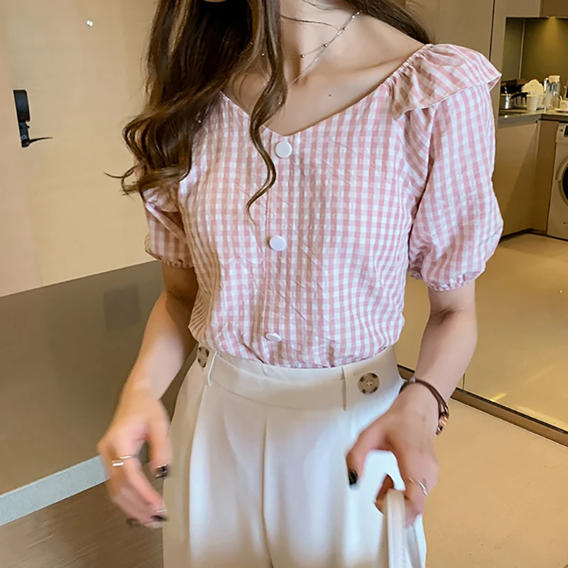 

Vintage sexy women blouse shirt Holiday short puff sleeve ladies top shirt Casual summer streetwear ruffled yellow blouse