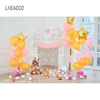 

Laeacco Baby 1st Birthday Balloon Flower Fireplace Interior Photo Backgrounds Customized Photographic Backdrops For Photo Studio