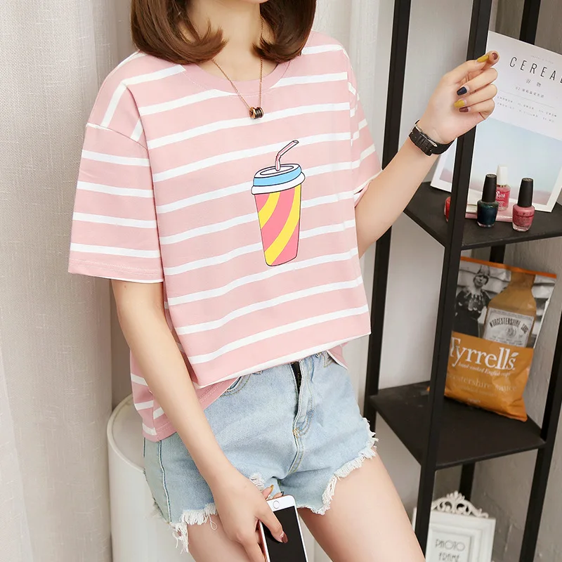 

Mr.nut Stripe New Summer Korean Short Sleeve T-Shirt Office Lady Short O-Neck funny t shirts kyku