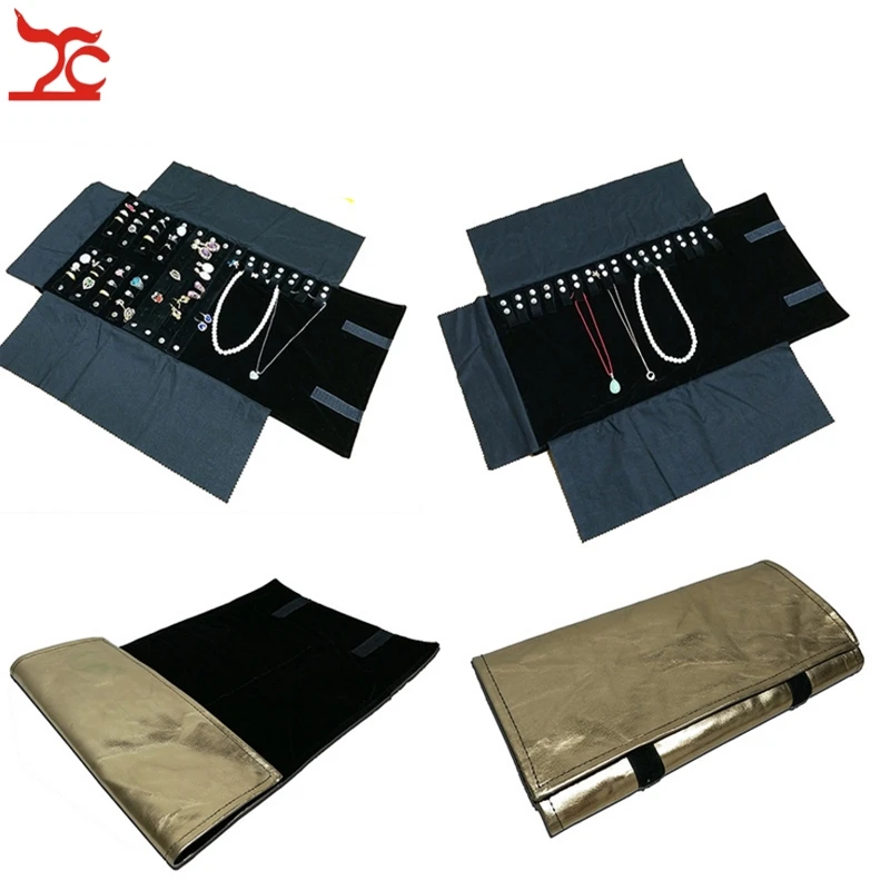 

Fashion Gold PU Jewelry Travel Roll Bag Black Velvet Ring Necklace Pendant Earring Storage Organizer Display Roll Bag 29*10cm