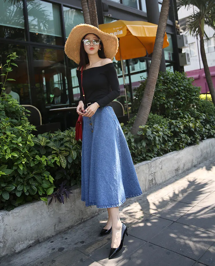 Новая модная одежда, Корейская джинсовая юбка PreppyStyle, Женская однотонная длинная юбка с высокой талией, Женская Повседневная винтажная джинсовая юбка на пуговицах