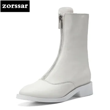 

{Zorssar} 2019 Genuine Leather flat Woman boots Fashion Winter plush snow boots Shoes Female Ankle boots zipper Botas mujer
