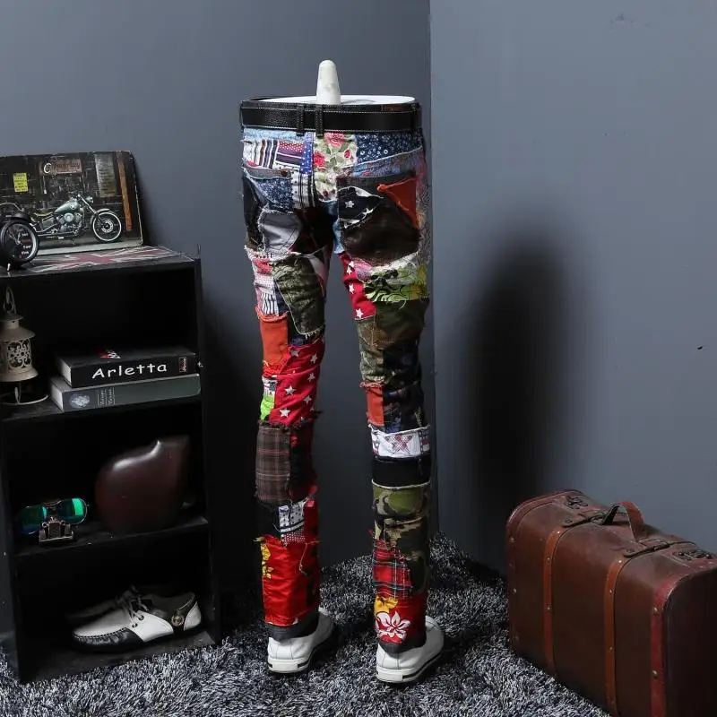 Новинка осени в стиле пэчворк повседневные джинсы Для мужчин модные прямые облегающие брюки для подростков Цветной панк байкерские джинсовые штаны Hombre