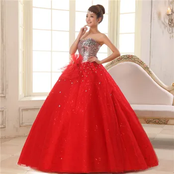

Quinceanera Dresses 2019 Crystals Sequin Strapless Red Tulle Ball Gown party dress with Bow vestido de debutante