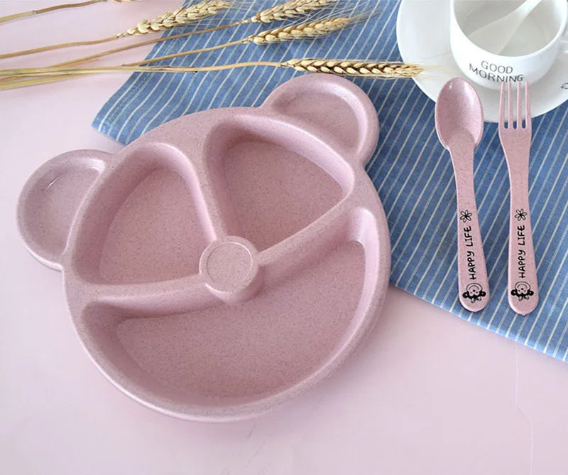 3Pcs Baby Bamboo Food Storage Tableware Kids Plate Spoon Fork Solid Dishes Newborn Children Eco-friendly Dinnerware Set BB5129 (15)