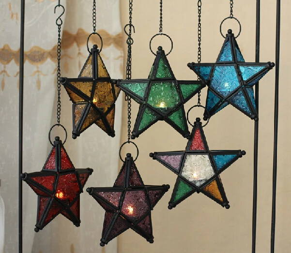 

Moroccan color hang candlestick candles five-pointed star colorful candlestick for light for house shop bar decoration