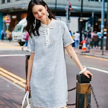 

Sweet Peter Pan Collar T Shirt Dress Lace Button Short Sleeve Straight Ladies Dress Summer Party Casual Vestidos